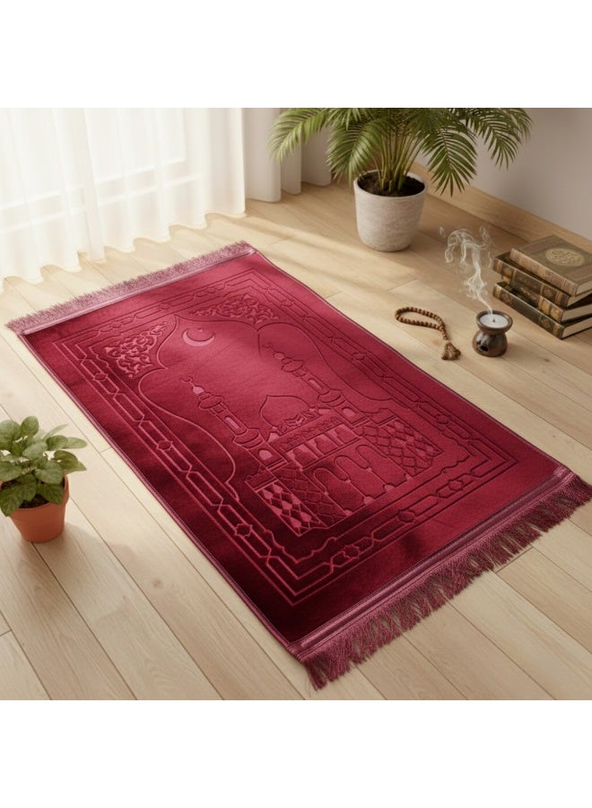 Luxury Prayer Set: Soft Velvet Mat (120x80 cm) 800g Weight with Gift Prayer Beads - Royal Red - Image 2